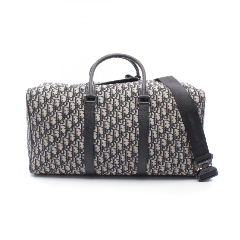 Christian Dior Lango Oblique Boston Bag Canvas Leather Navy Blue Beige